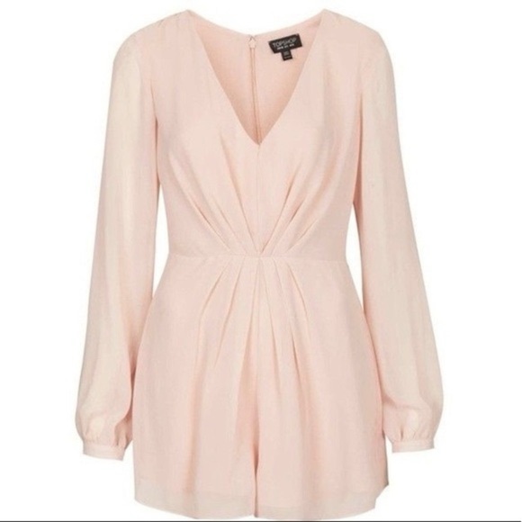 TOPSHOP| Enchanting Pale Pink V-Neck Chiffon Shorts Romper w/Long Sleeves Sz 4 - Picture 8 of 8